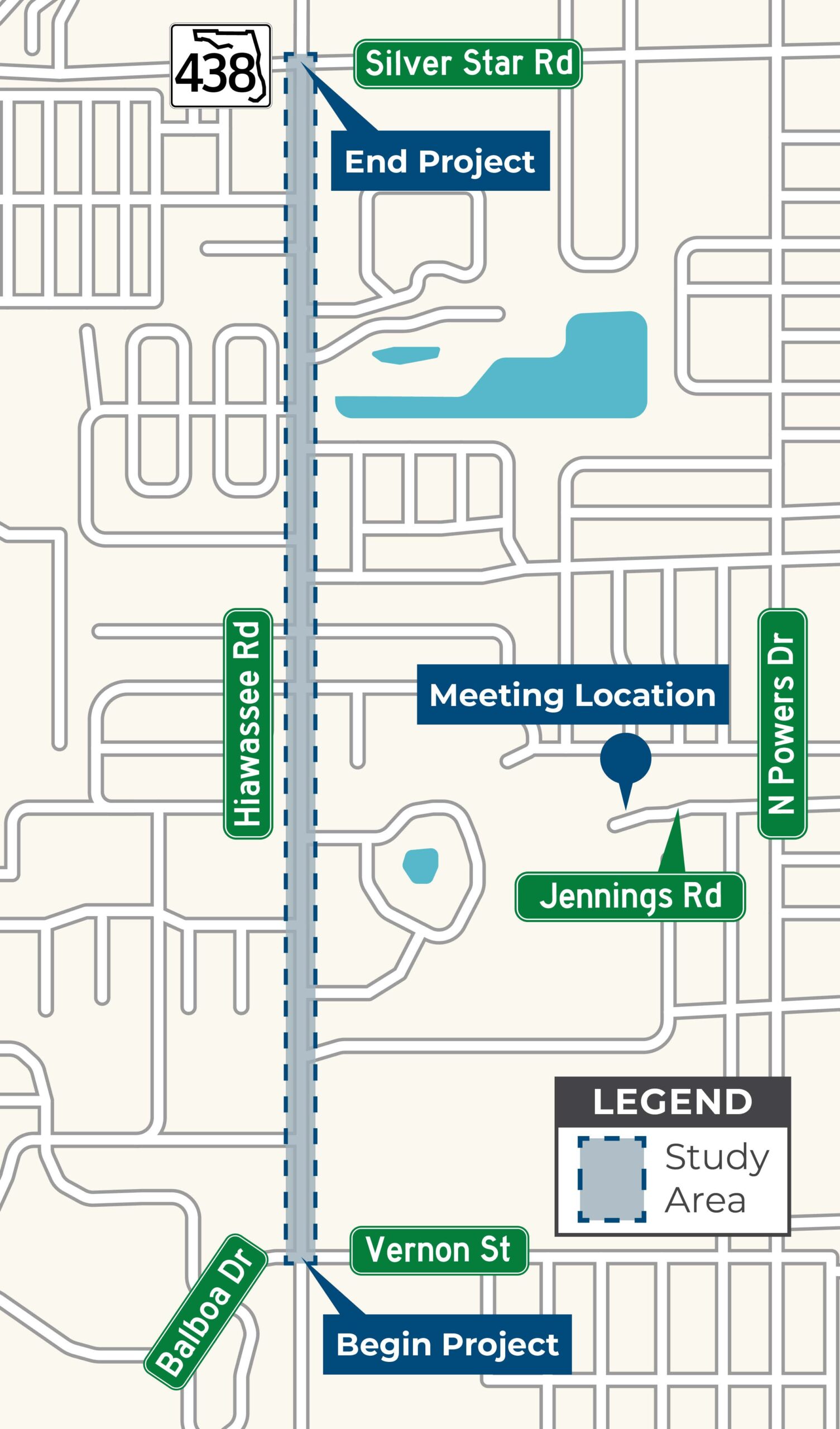 Study area map showing Hiawassee Road from Balboa Dr to Silver Star Rd, with the meeting location at Pine Hills Community Center on Jennings Rd